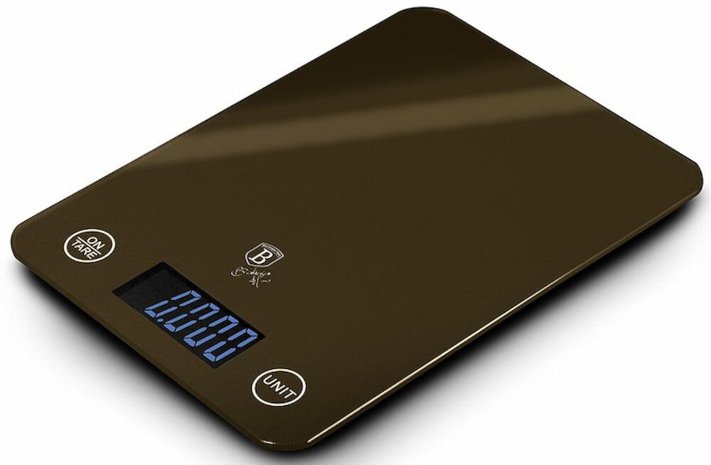 Waga kuchenna BERLINGER HAUS BH-9363  waga kolor brązowy wyświetlacz przyciski białe tło eleganckie i funkcjonalne dla każdej kuchni precyzyjna czułość 1 g maksymalne obciążenie 5 kg dokładne odmierzanie składników wyświetlacz LCD dobra czytelność pomiarów funkcja Tary automatyczne wyłączenie oszczędność energii antypoślizgowe nóżki stabilność ze szkła hartowanego i tworzywa ABS łatwe czyszczenie komponuje się z każdą kuchnią zasilanie 2 x bateria AAA  