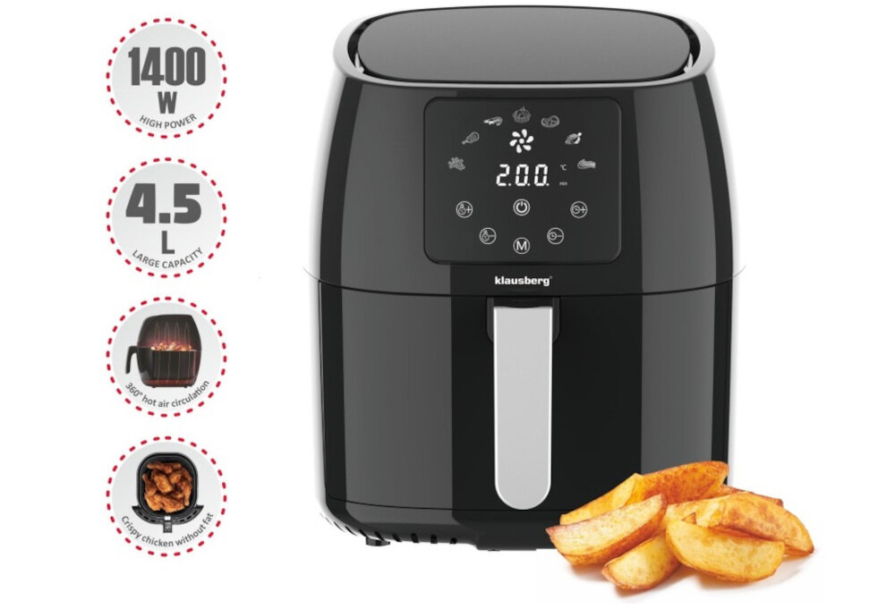 Frytkownica beztłuszczowa KLAUSBERG KB-7551 Air Fryer temperatura ustawien zakres od 80°C do 200°C moc 1800 W Funkcja automatycznego wyłączania