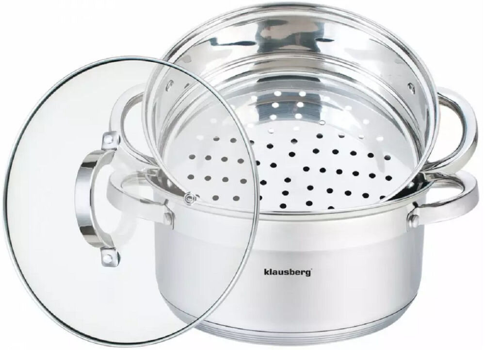 Garnek KLAUSBERG KB-7135 18 cm trzy elementy średnica 18 cm gotowanie na parze dla całej rodziny kompatybilny ze wszystkimi rodzajami kuchenek elektryczne gazowe ceramiczne indukcyjne spełnia swoje zadanie nienagrzewające się uchwyty komfort bezpieczeństwo podczas gotowania  