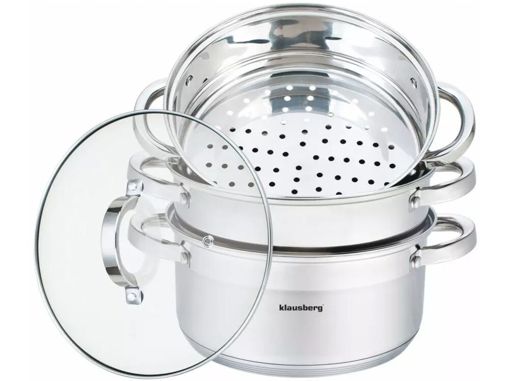 Garnek KLAUSBERG KB-7142 22 cm cztery elementy średnica 22 cm gotowanie na parze dla całej rodziny kompatybilny ze wszystkimi rodzajami kuchenek elektryczne gazowe ceramiczne indukcyjne spełnia swoje zadanie nienagrzewające się uchwyty komfort bezpieczeństwo podczas gotowania  
