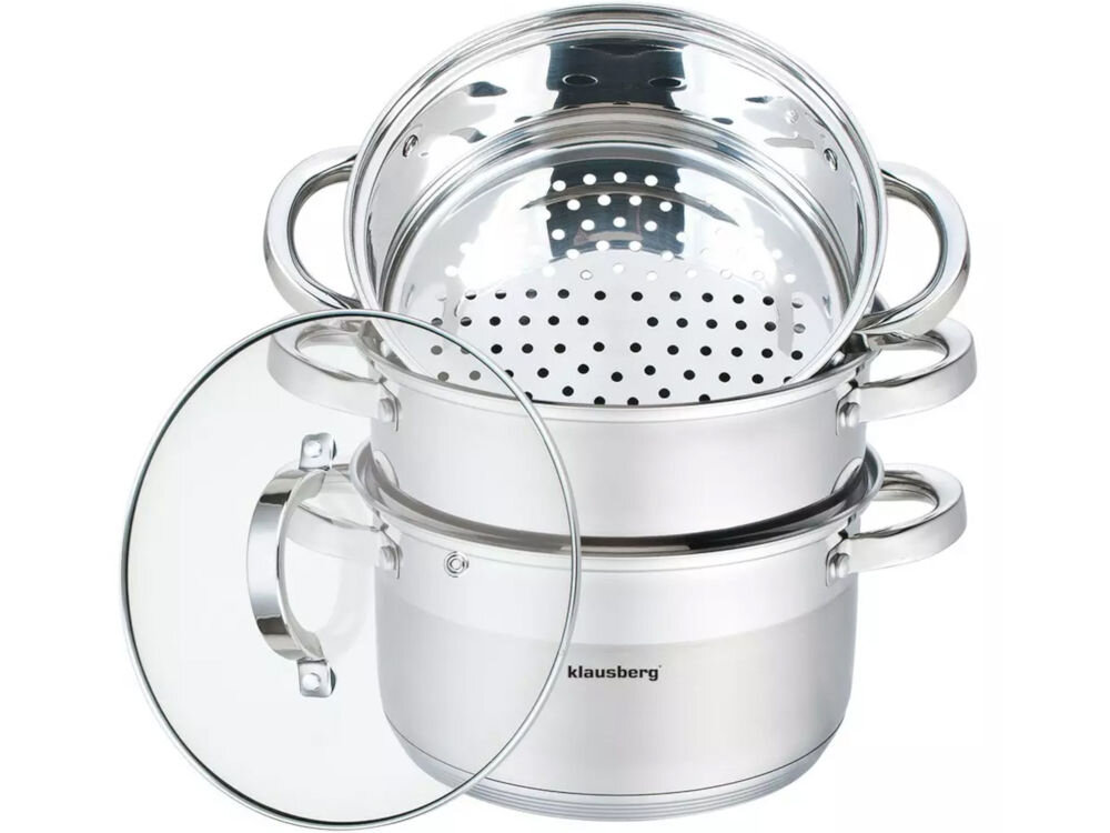 Garnek KLAUSBERG KB-7145 24 cm cztery elementy średnica 24 cm gotowanie na parze dla całej rodziny kompatybilny ze wszystkimi rodzajami kuchenek elektryczne gazowe ceramiczne indukcyjne spełnia swoje zadanie nienagrzewające się uchwyty komfort bezpieczeństwo podczas gotowania  