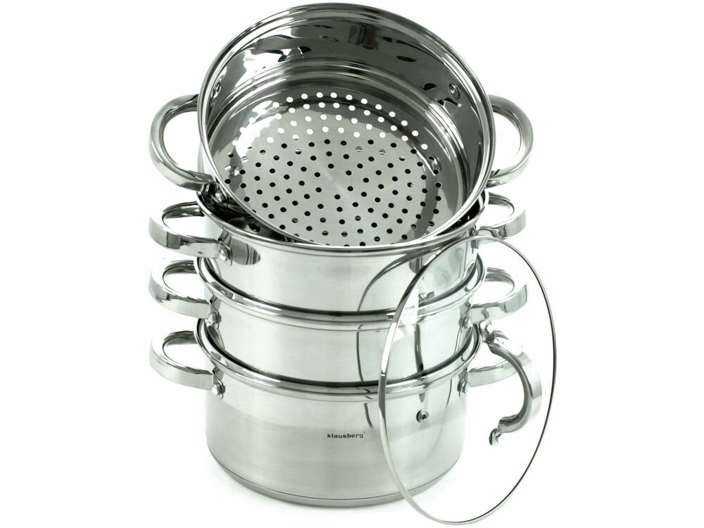 Garnek KLAUSBERG KB-7143 22 cm pięć elementów średnica 22 cm gotowanie na parze dla całej rodziny kompatybilny ze wszystkimi rodzajami kuchenek elektryczne gazowe ceramiczne indukcyjne spełnia swoje zadanie nienagrzewające się uchwyty komfort bezpieczeństwo podczas gotowania  