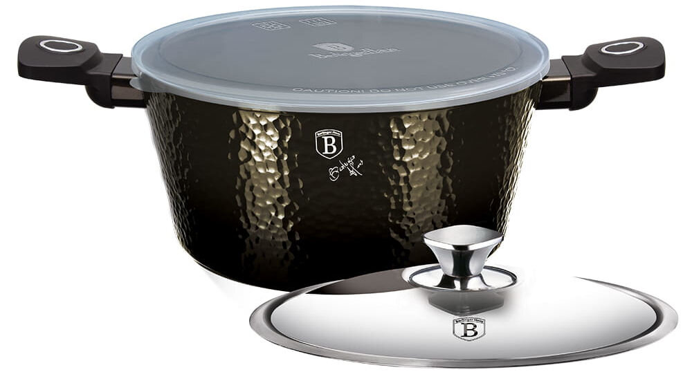 Garnek BERLINGER HAUS Primal Gloss Collection BH-6573 28 cm garnek stoi przodem czarny przykryty jasną pokrywką obok leży szklana pokrywka ze srebrnymi elementami białe tło możliwość mycia go w zmywarce powłoka non-stick resztki jedzenia nie przywierają do powierzchni łatwy do czyszczenia w zmywarce podczas mycia ręcznego wygoda funkcjonalność