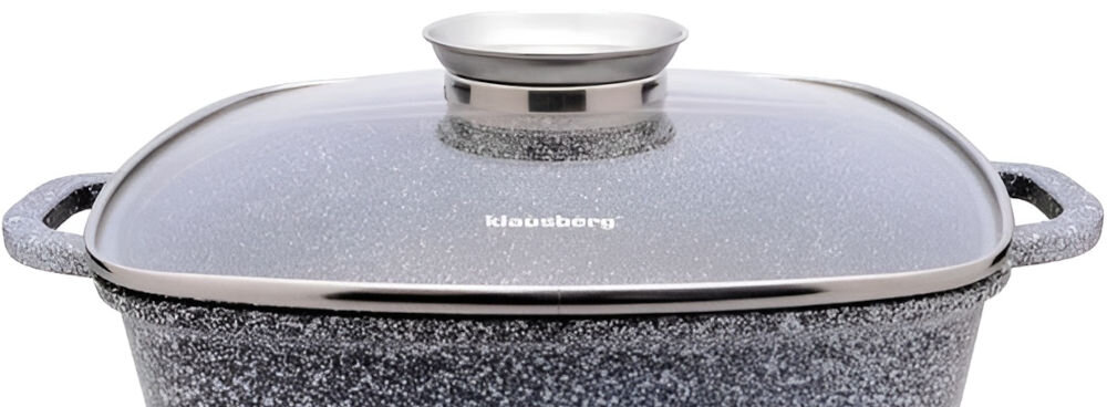 Garnek KLAUSBERG KB-7531 26 cm szklana pokrywka z hartowanego szkła kontrolowanie procesu gotowania otwór w pokrywie gałka Aroma Knob łatwe dozowanie przypraw w płynie proste bardziej precyzyjne gotowanie średnica 26 cm pojemność 5,5 l na co dzień podczas większych spotkań możliwość mycia w zmywarce 