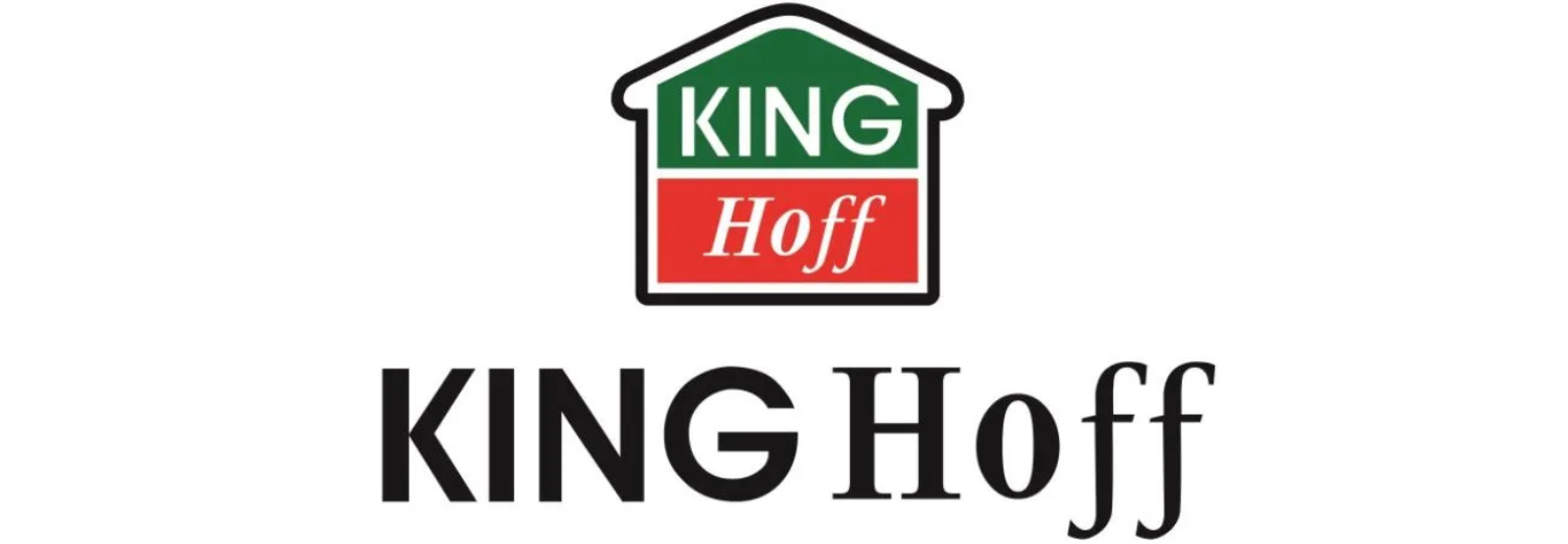 Logo składa się z napisu \'KING Hoff\' umieszczonego na tle w kształcie domu z zielonym i czerwonym kolorem.