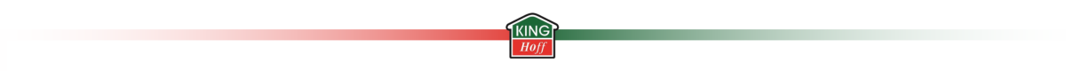 Logo z napisem \'KING Hoff\' na tle w kształcie domu, z czerwonym prostokątem poniżej. Po bokach logo znajdują się gradientowe linie w kolorach czerwonym i zielonym.
