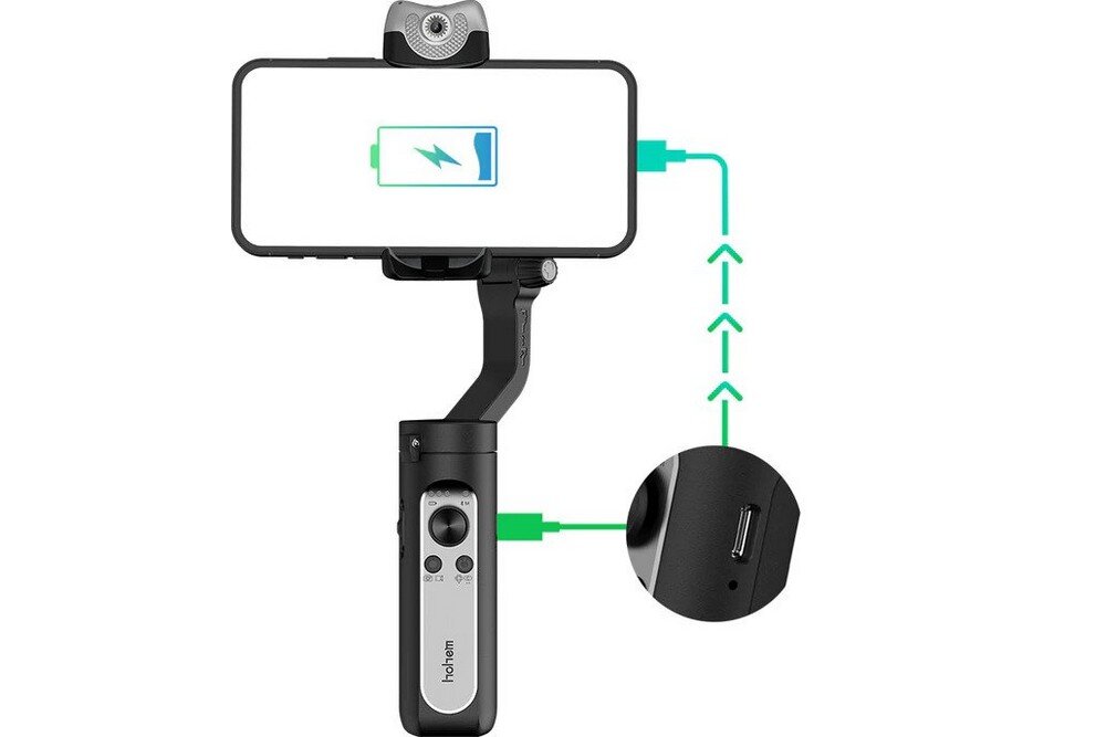 Gimbal ręczny HOHEM iSteady V2 fotografia stabilizacja nagrywanie żyroskop uchwyt zasilanie ładowanie bateria tryby przyciski złącza porty kompatybilność udźwig wykonanie pojemność