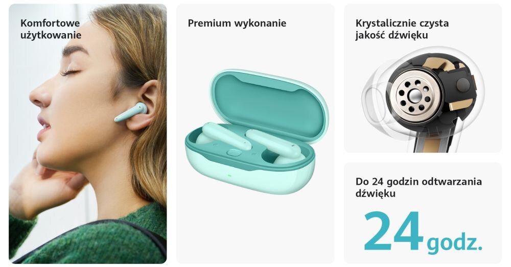 Słuchawki douszne HUAWEI FreeBuds SE dźwięk moc łączność szumy redukcja szumów hałas głośność zakres częstotliwość waga zasilanie ładowanie złącze port wtyczka działanie etui smartfon sterowanie wygoda muzyka