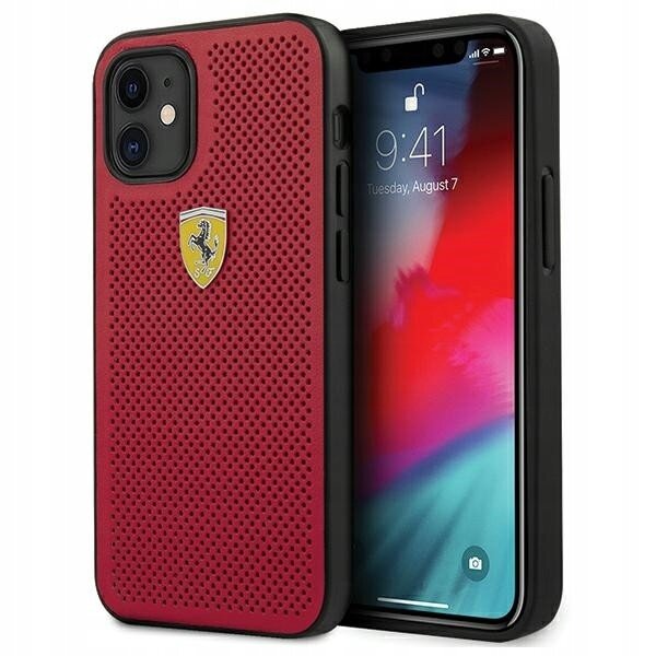 Czerwone etui na telefon z perforowaną powierzchnią i logo w kształcie tarczy. Obok etui widoczny jest telefon z wyświetlaczem pokazującym godzinę 9:41 i datę Tuesday, August 7.