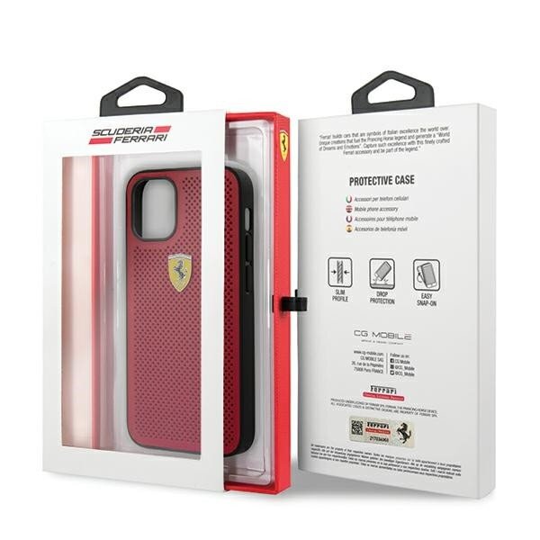 Opakowanie etui do telefonu z logo Ferrari, w kolorze czerwonym z perforowaną teksturą. Na opakowaniu widnieje napis \'SCUDERIA FERRARI\' oraz informacje o funkcjach etui, takich jak \'SLIM PROFILE\', \'DROP PROTECTION\', \'EASY SNAP-ON\'.