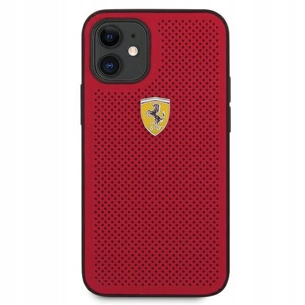 Czerwone etui na telefon z perforowaną powierzchnią i logo przedstawiającym konia na żółtym tle. Etui posiada wycięcia na aparat i przyciski.