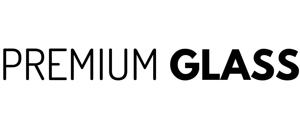 Napis \'PREMIUM GLASS\' w czarnym kolorze na białym tle.