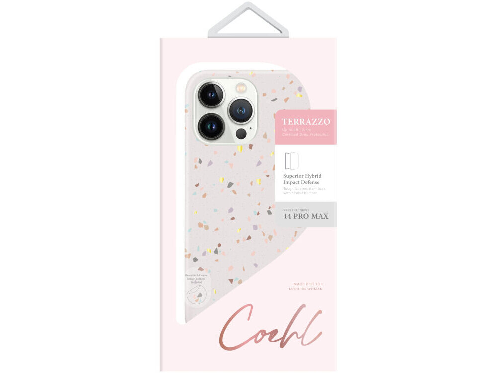 Opakowanie etui UNIQ Coehl Terrazzo do Apple iPhone 12 Pro Max w kolorze różowym z widocznym wzorem terrazzo. Na opakowaniu znajduje się tekst: \'Superior Hybrid Impact Defense\' oraz \'14 Pro Max\'.