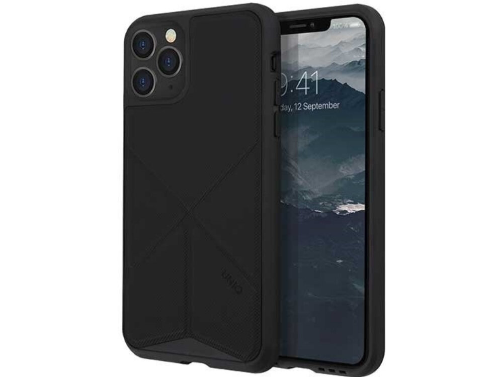 Czarne etui na telefon z widocznym napisem \'UNIQ\', zamontowane na smartfonie z wyświetlaczem pokazującym godzinę 09:41 i datę, 12 September. Etui ma teksturowaną powierzchnię i wycięcia na aparat oraz przyciski.