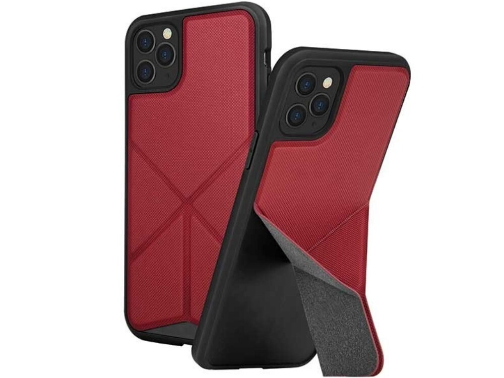 Na obrazie widoczne są dwa czerwone etui na telefon z trzema aparatami. Etui ma teksturowaną powierzchnię i funkcję stojaka.