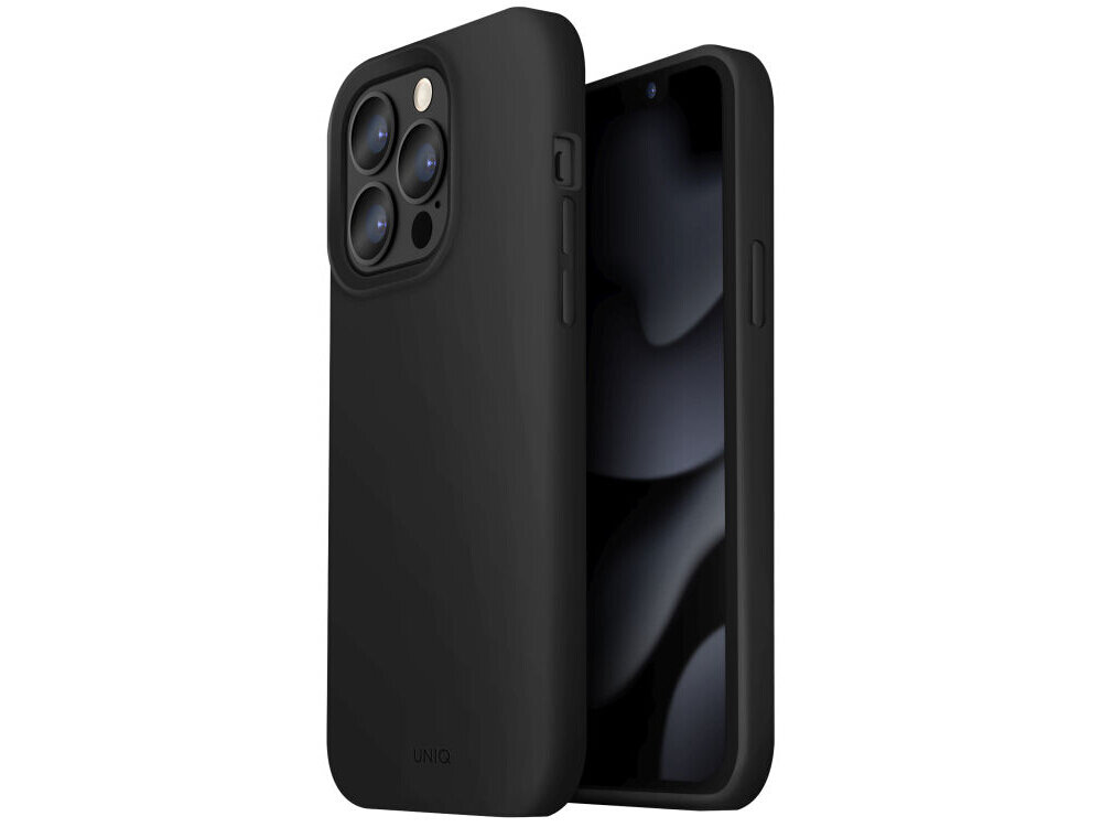 Czarne etui na telefon z widocznymi wycięciami na aparat i przyciski. Na dole etui znajduje się napis \'UNIQ\'.