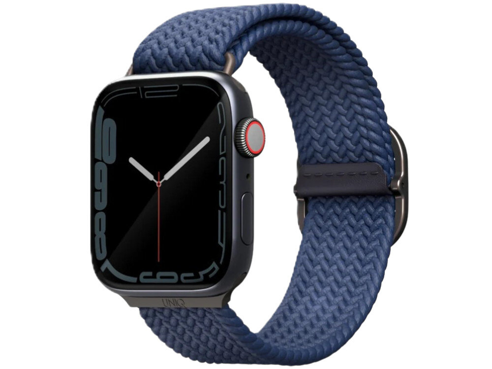 Pasek UNIQ Aspen DE do Apple Watch 1/2/3/4/5/6/7/8/9/SE/SE2 (42/44/45mm) Szary, Elastyczna wygoda, Zegarek wraz z paskiem pokazany od frotnu prawo skos