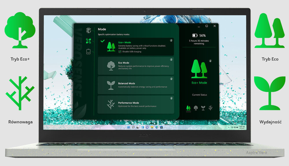 Laptop ACER Aspire Vero AV14-51-53UN moc oszczędzanie tryby