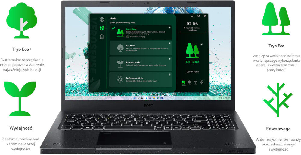 Laptop ACER Aspire Vero AV15-52-52K9 tryby moc dostosowanie