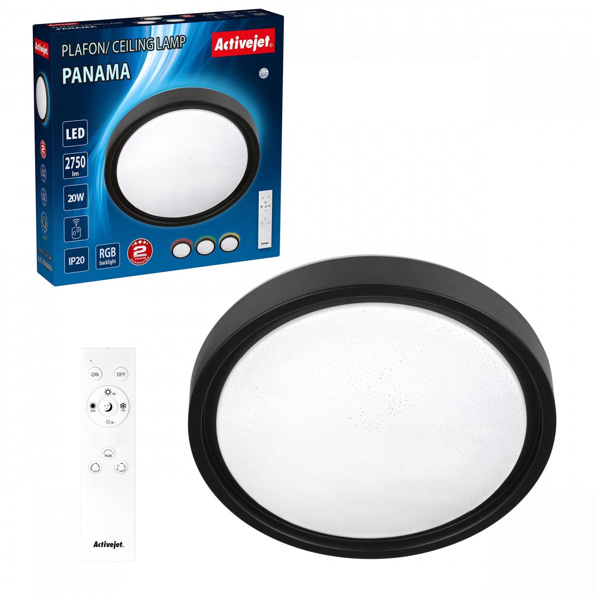 Obraz przedstawia plafon LED o okrągłym kształcie oraz pilot zdalnego sterowania. Na opakowaniu widnieje napis \'Activejet\' oraz specyfikacje: LED, 2750 lm, 20W, IP20, RGB backlight, 2 lata gwarancji.