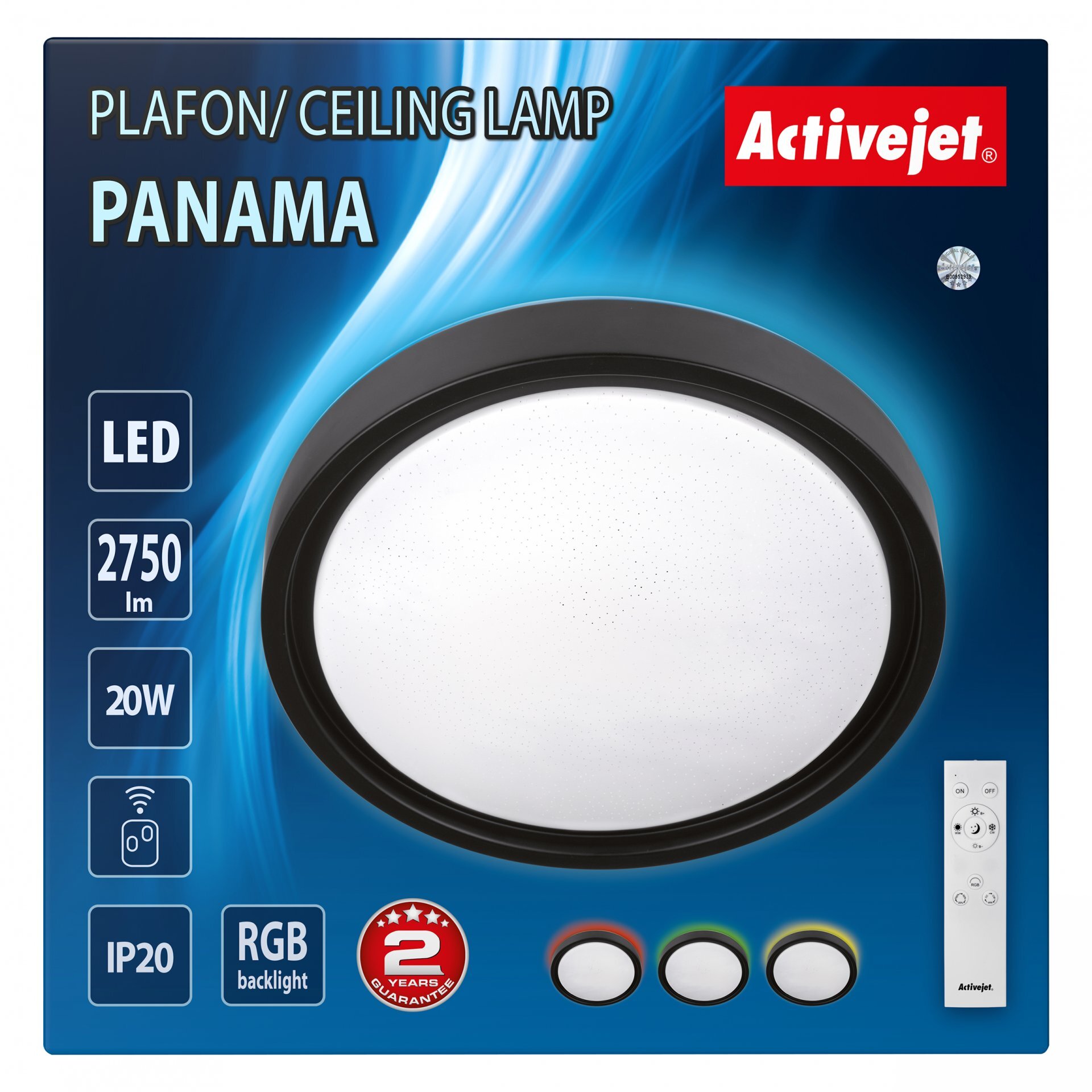 Opakowanie plafonu LED o nazwie \'PANAMA\' marki Activejet, z widocznym logo. Na opakowaniu znajdują się informacje: LED, 2750 lm, 20W, IP20, RGB backlight oraz 2 lata gwarancji.