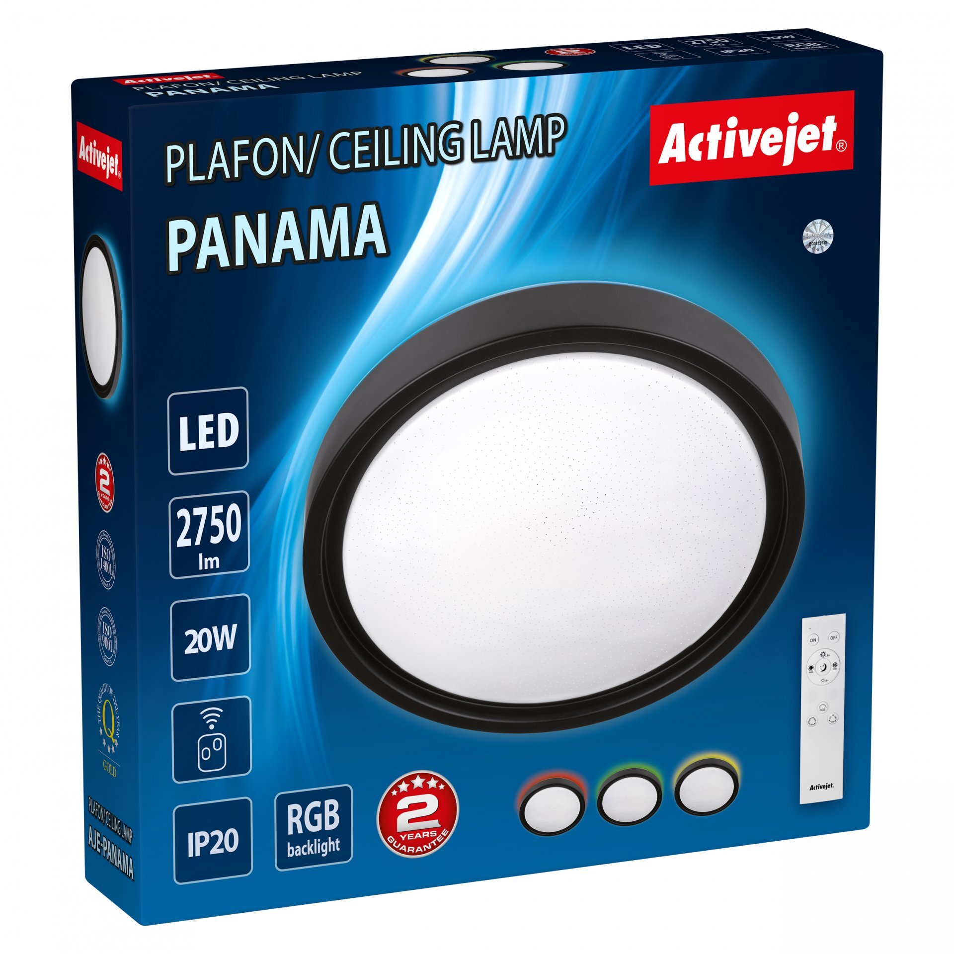 Opakowanie plafonu LED Activejet AJE-PANAMA z pilotem, o mocy 20W i strumieniu świetlnym 2750 lm. Na opakowaniu widoczne są informacje: LED, 2750 lm, 20W, IP20, RGB backlight oraz logo Activejet.