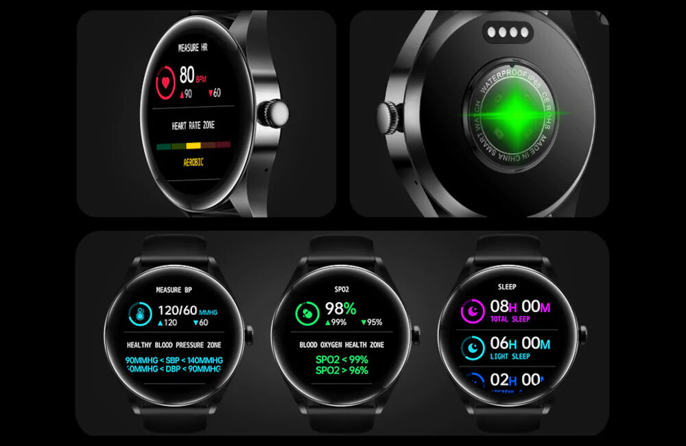 Smartwatch KUMI GW3 Czarny monitoring zdrowia snu czujniki pulsometr pulsoksymetr