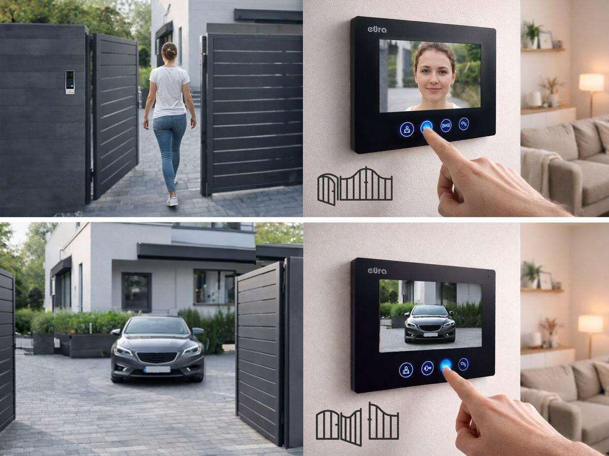 Wideodomofon EURA VDP-90A3 Delta+ Bezprzewodowy Wi-Fi, Sterowanie otwieraniem bramy i furtki z poziomu ekranu monitora, elektrozaczep, automatyka, monitor, otwieranie.