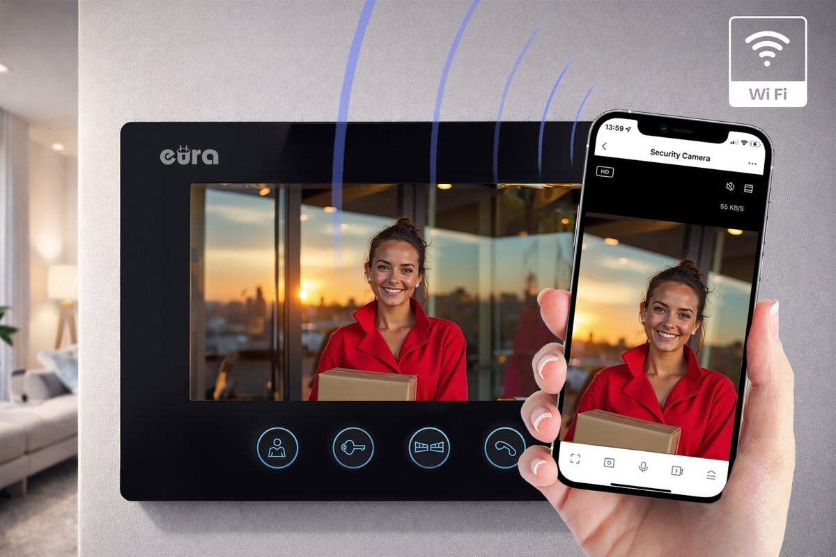 Wideodomofon EURA VDP-90A3 Delta+ Bezprzewodowy Wi-Fi, Zdalny podgląd gościa na monitorze i smartfonie dzięki Wi-Fi, WiFi, aplikacja, wideo, nagrywanie.