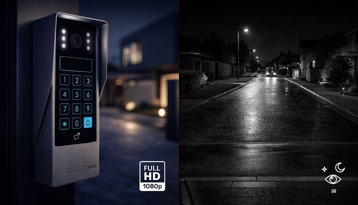 Wideodomofon EURA VDP-90A3 Delta+ Bezprzewodowy Wi-Fi, Widok stacji bramowej oraz tryb nocny kamery z podczerwienią IR, podczerwień, IR, nocny, doświetlenie.