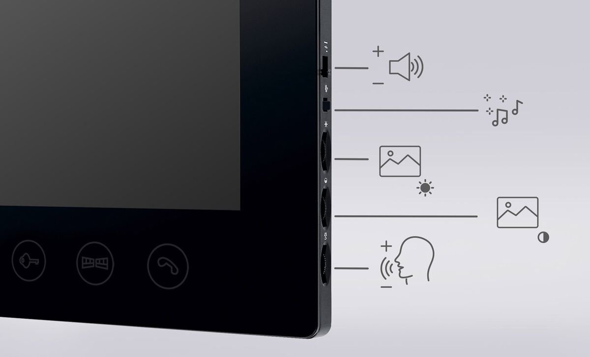 Wideodomofon EURA VDP-90A3 Delta+ Bezprzewodowy Wi-Fi, Zbliżenie boku monitora z ikonami regulacji głośności i obrazu, ekran, jasność, głośność, melodia.