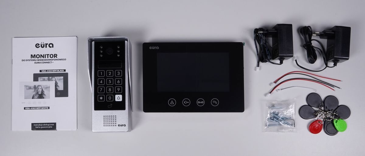Wideodomofon EURA VDP-90A3 Delta+ Bezprzewodowy Wi-Fi, Pełny zestaw: monitor, stacja zewnętrzna, zasilacze i akcesoria, monitor, kaseta, zasilacz, instrukcja.