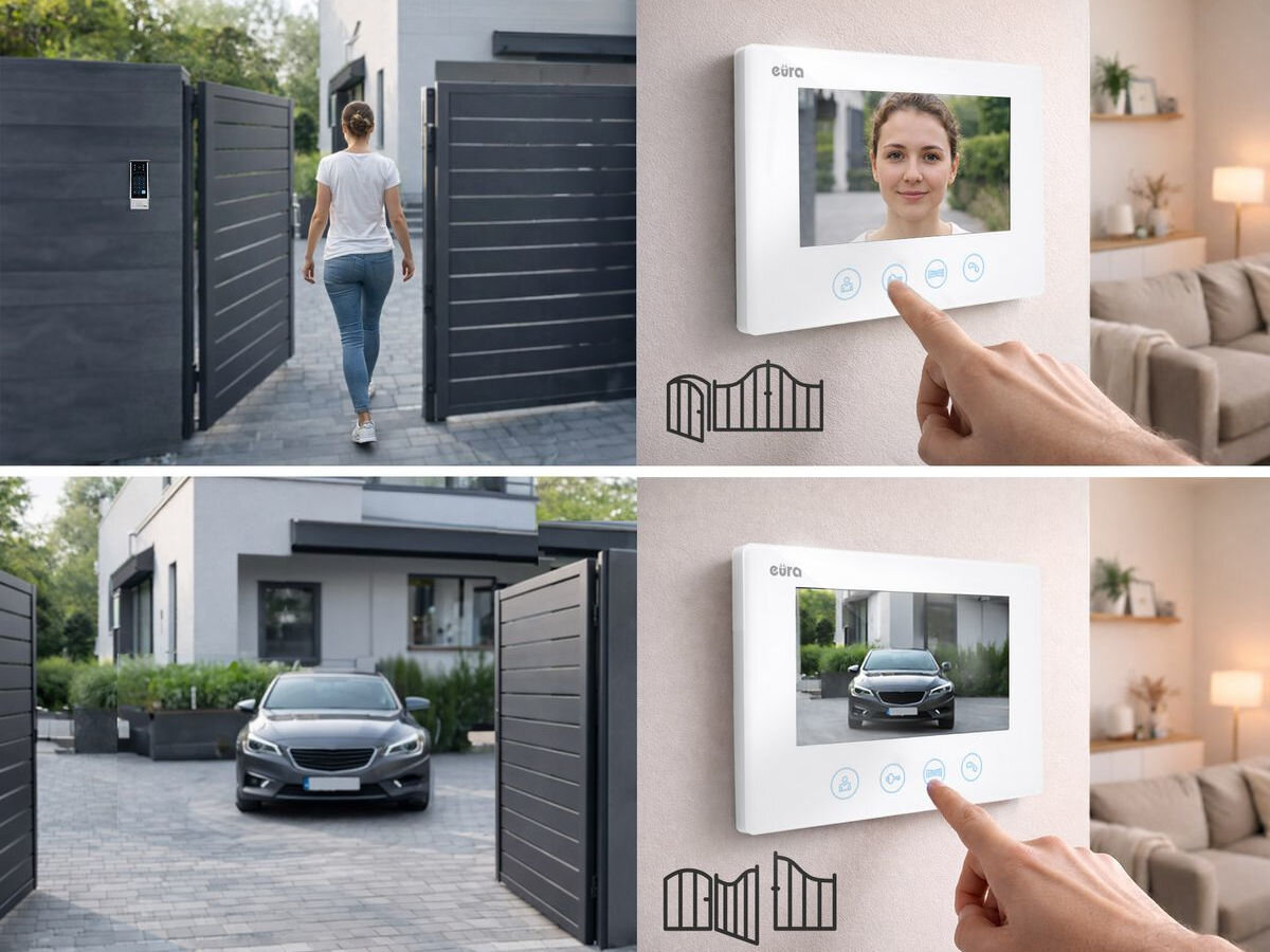 Wideodomofon EURA VDP-90A3 Delta+ Bezprzewodowy Wi-Fi, Sterowanie otwieraniem bramy i furtki z poziomu ekranu monitora, elektrozaczep, automatyka, monitor, otwieranie.