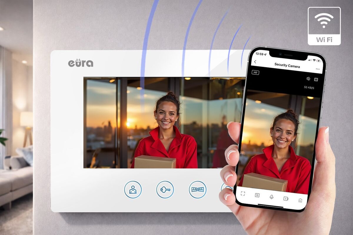 Wideodomofon EURA VDP-90A3 Delta+ Bezprzewodowy Wi-Fi, Zdalny podgląd gościa na monitorze i smartfonie dzięki Wi-Fi, WiFi, aplikacja, wideo, nagrywanie.
