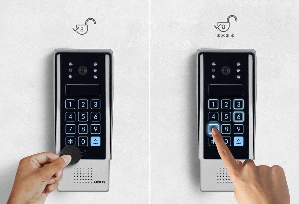 Wideodomofon EURA VDP-90A3 Delta+ Bezprzewodowy Wi-Fi, Otwieranie wejścia brelokiem zbliżeniowym lub kodem na klawiaturze, szyfrator, RFID, PIN, brelok.