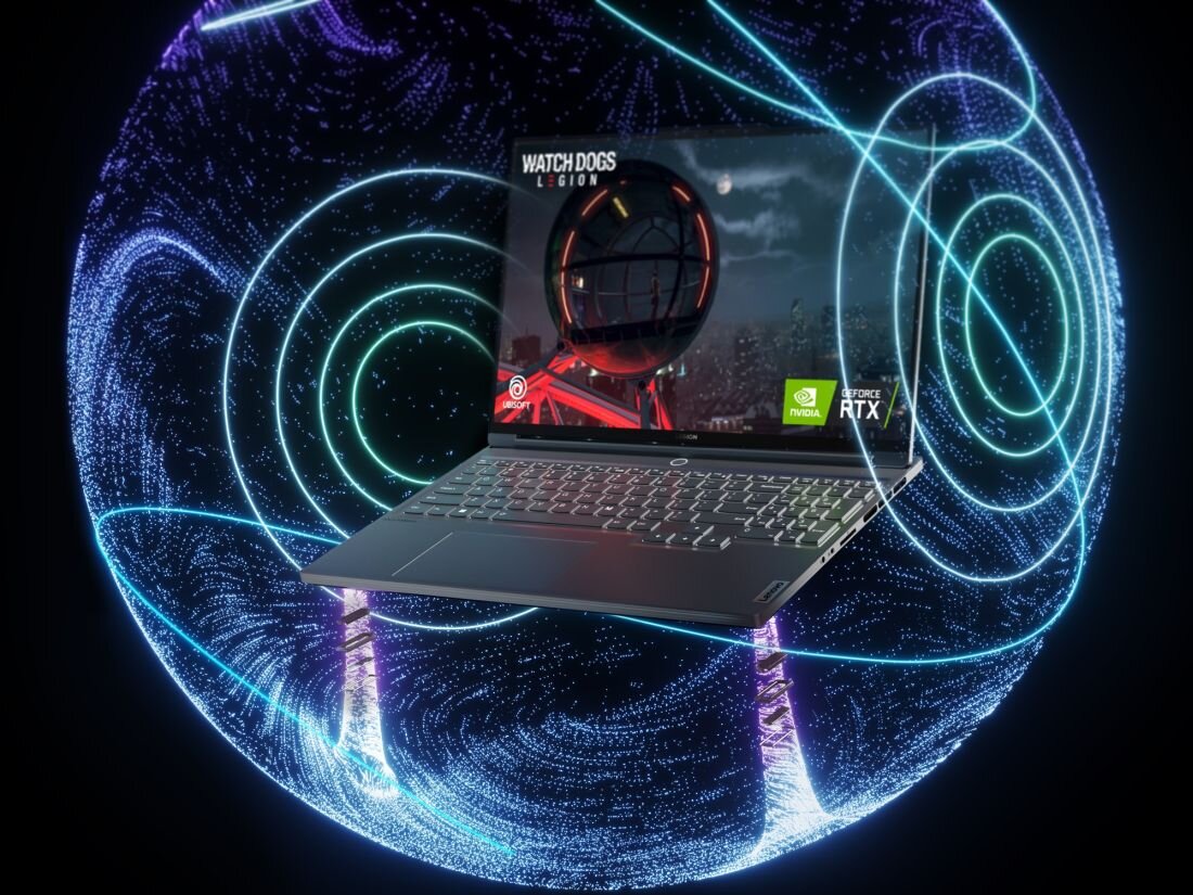Laptop z wyświetlaczem pokazującym grę \'Watch Dogs Legion\' oraz logo NVIDIA GeForce RTX. W tle widoczne są dynamiczne, kolorowe linie tworzące efekt przestrzenny.