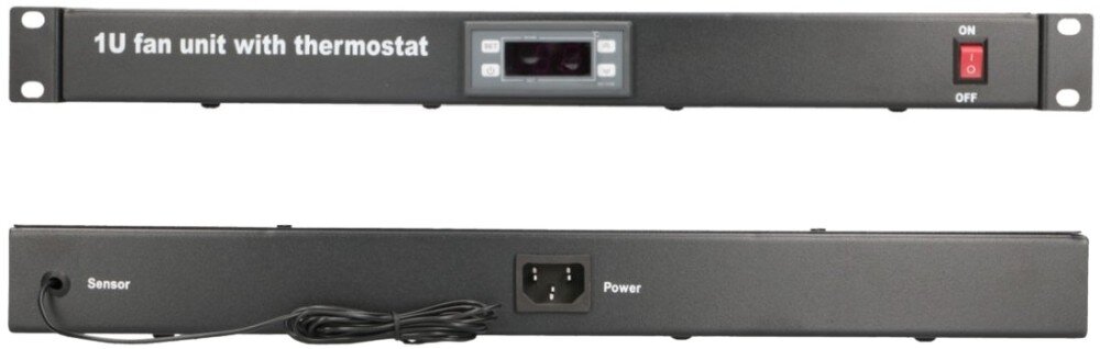 Panel wentylatorów EXTRALINK EX.19089 Widok z przodu i z tyłu czarnej metalowej obudowy, pokazujący przedni panel z wyświetlaczem i włącznikiem oraz tylny panel z gniazdem zasilania, kablem i opisami 'Sensor' i 'Power'