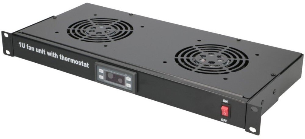 Panel wentylatorów EXTRALINK EX.19089 Metalowa szafkowa obudowa w kolorze czarnym z dwoma górnymi otworami wentylacyjnymi, cyfrowym panelem sterowania i czerwonym przełącznikiem z napisem 'ON' i 'OFF' po prawej stronie