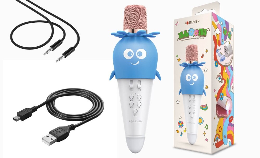 Mikrofon FOREVER AMS-200 brzmienie tryby modulator utwory karaoke solo duet akumulator estradowe podświetlenie zabawa emocje