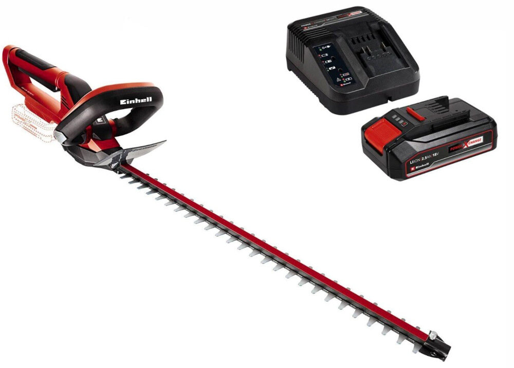 Nożyce do żywopłotu EINHELL GE-CH 18-50 Li akumulatorowe zawartość zestawu akumulator ładowarka instrukcja obsługi karta gwarancyjna