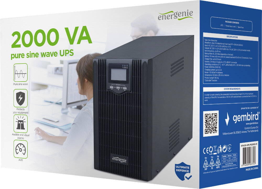 Zasilacz UPS ENERGENIE EG-UPS-PS2000-02 Czysty sinus zabezpieczenia ochrona bezpieczeństwo przeciążenie