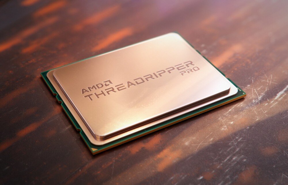 Procesor AMD Ryzen Threadripper Pro 5975WX wizualizacja procesora na złoto-czerwoym tle