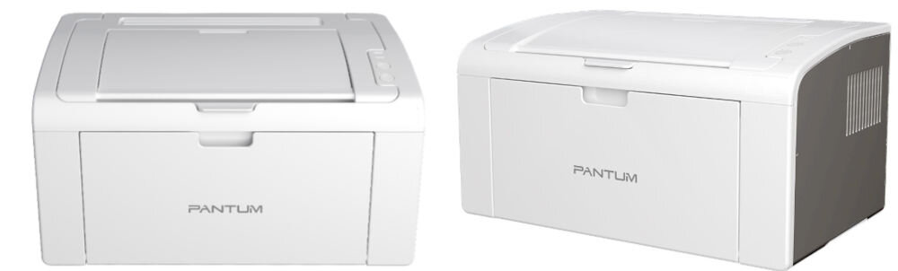 Drukarka PANTUM P2509W Wi-Fi prezentacja drukarki pod kątem i od przodu na białym tle wymiary waga ułatwienie ustawienia