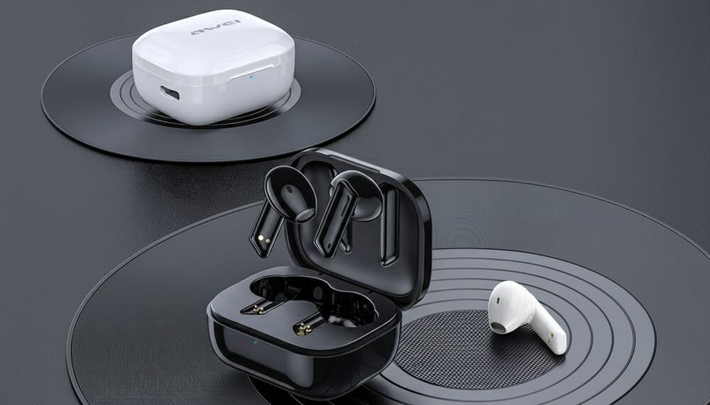 Słuchawki douszne AWEI T36 TWS bezprzewodowe Bluetooth do codziennego użytkowania, słuchawki wraz etui ładującym leżące na stole