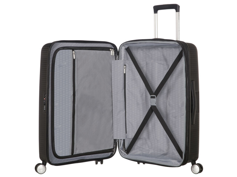 Walizka AMERICAN TOURISTER SoundBox 77 cm Czarny elastyczne poprzeczne pasy zabezpieczające wyściełana przegroda dodatkowa kieszeń zapinana na zamek