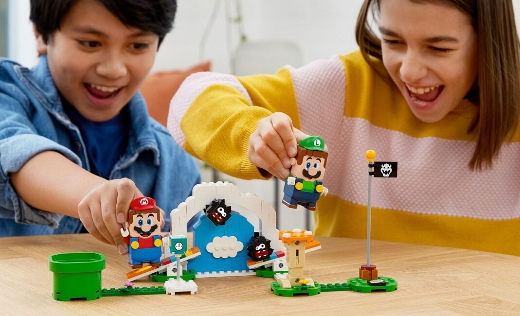LEGO Super Mario Salta Fuzzy-ego - Zestaw rozszerzający 71405 Zestaw rozszerzający z podniebnym torem Wskocz na blok czasu, aby zyskać dodatkowe sekundy