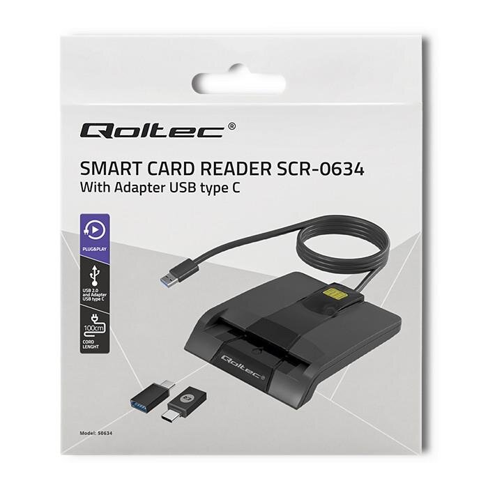 Opakowanie produktu z logo \'Qoltec\' i napisem \'SMART CARD READER SCR-0634 With Adapter USB type C\'. Widoczny jest czytnik kart z kablem USB oraz adapter USB-C.