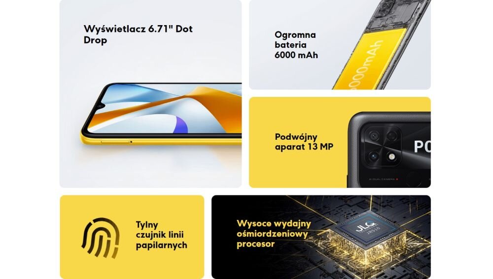 Smartfon XIAOMI Poco C40 ekran bateria aparat procesor ram pamięć pojemność rozdzielczość zdjęcia filmy opis dane cechy blokady system łączność wifi bluetooth obudowa szkło odporność porty muzyka transfer sieć przekątna matryca waga czujniki