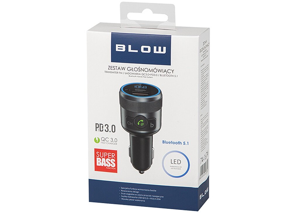 Transmiter FM BLOW 74-167 Power Delivery 3.0 i QUICK CHARGE 3.0 Wbudowany mikrofon Bluetooth wzmocnienie basów bezpieczeństwoBrak opóźnień brak szumów