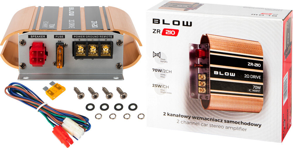 Wzmacniacz samochodowy BLOW ZR210 opakowanie zestaw zawartość akcesoria